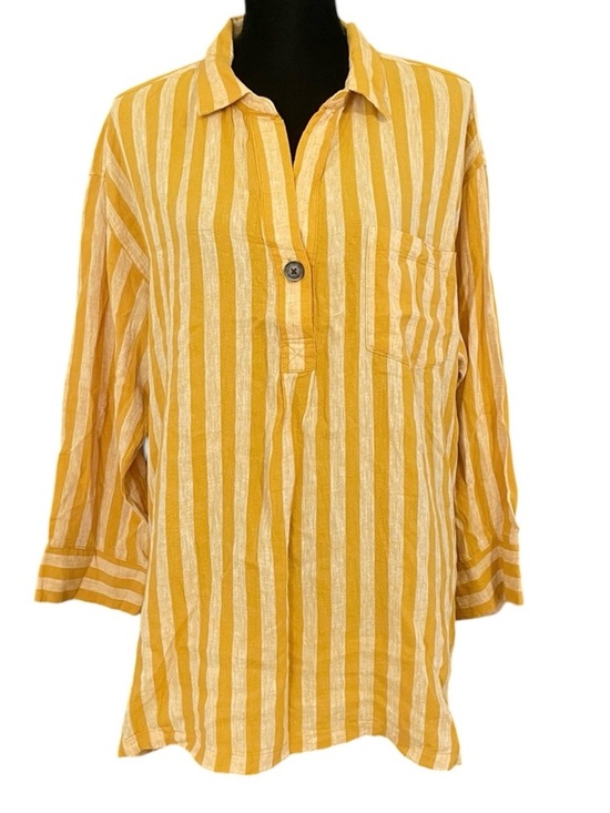 Old Navy Tops - Old Navy Linen Blend Popover Tunic Top Mustard Stripe Relaxed Fit Shirt Coastal